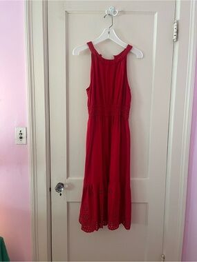 Red Sleeveless Midi Dress with Eyelet Hem